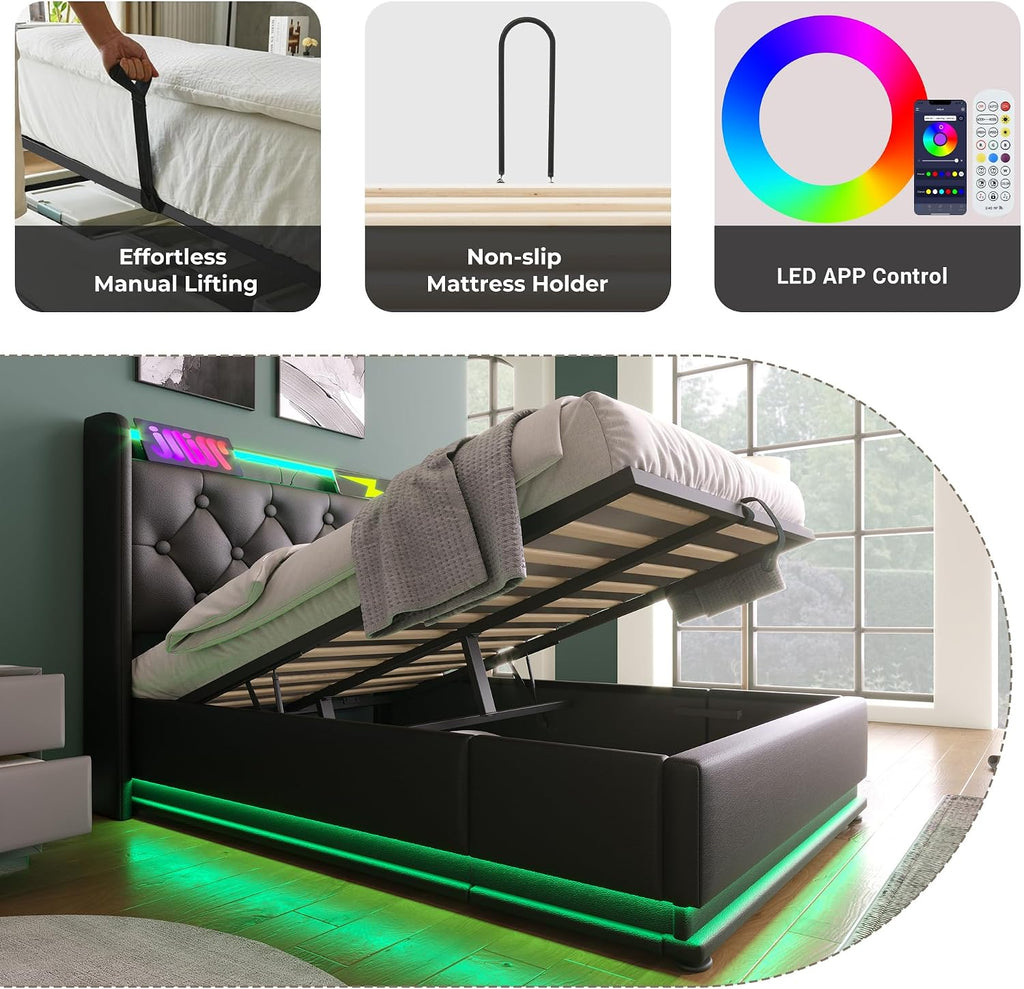 Twin Size Lift Up Storage Bed Frame with Button Headboard and Storage Smart Bed with 360 Surround LED Function Upholstered Platform Bed USB Type-C Charging Easy Assembly (Black, Twin)