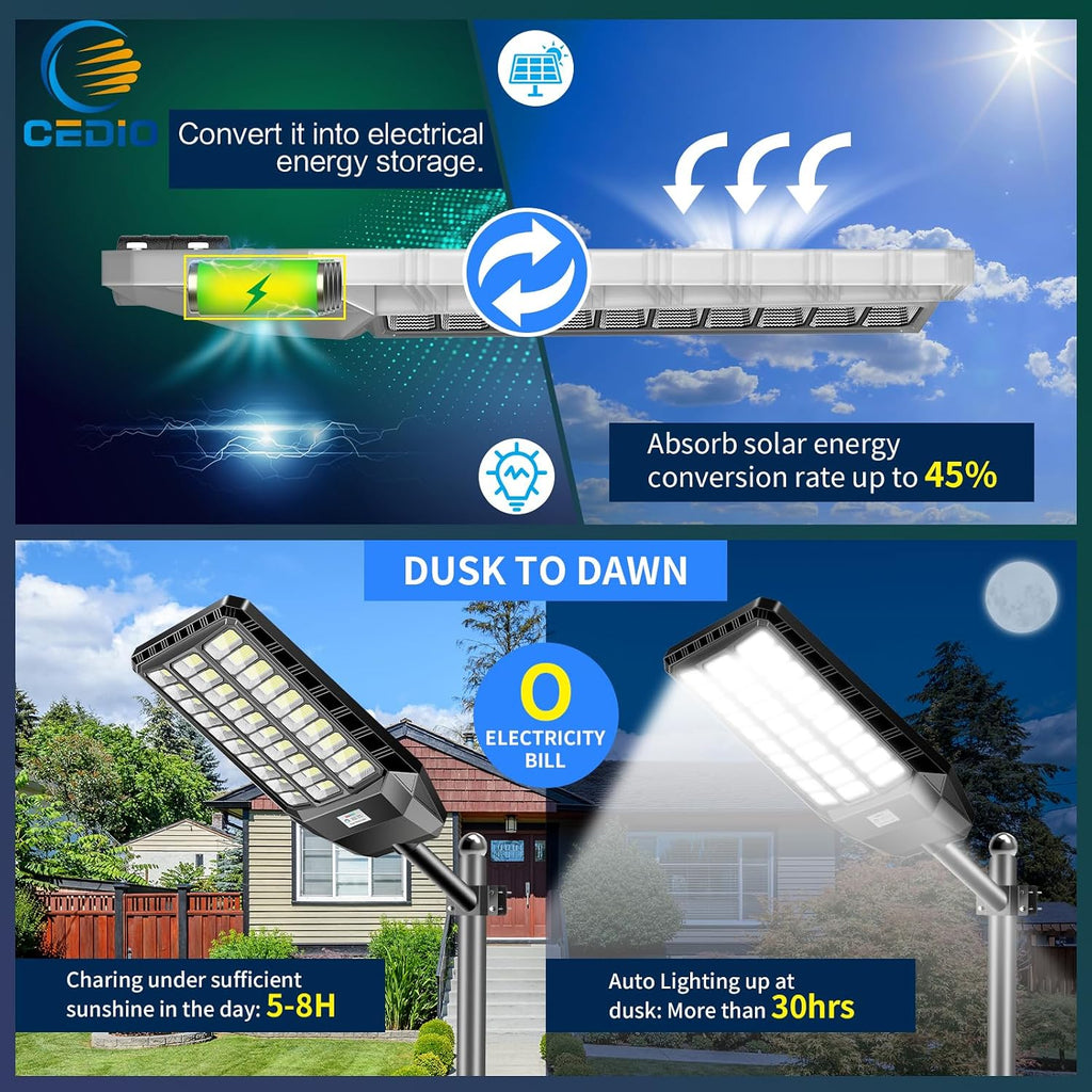 CEDIO 10000W Outdoor Solar Street Lights,Solar Lights IP66 Waterproof LED Street Light Dusk to Dawn,Flood Light with Motion Sensor for Yard (2PACK)