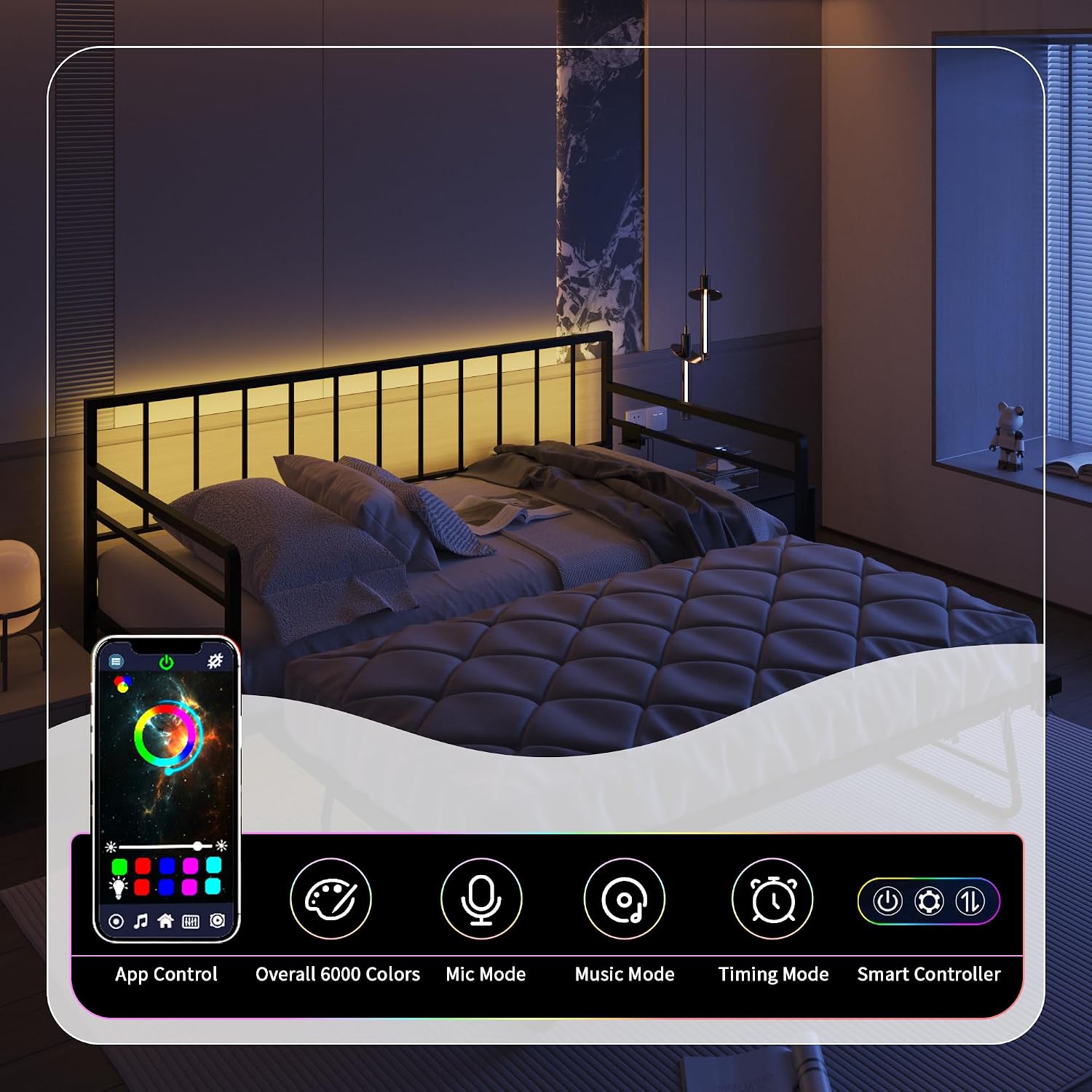 Twin Daybed with Trundle, Day Bed with Charging Station & LED Lights, Metal Sofa Bed Frame with Pop Up Trundle for Living Room, Bedroom, Guest Room, Apartment and Small Spaces (Black, Twin)