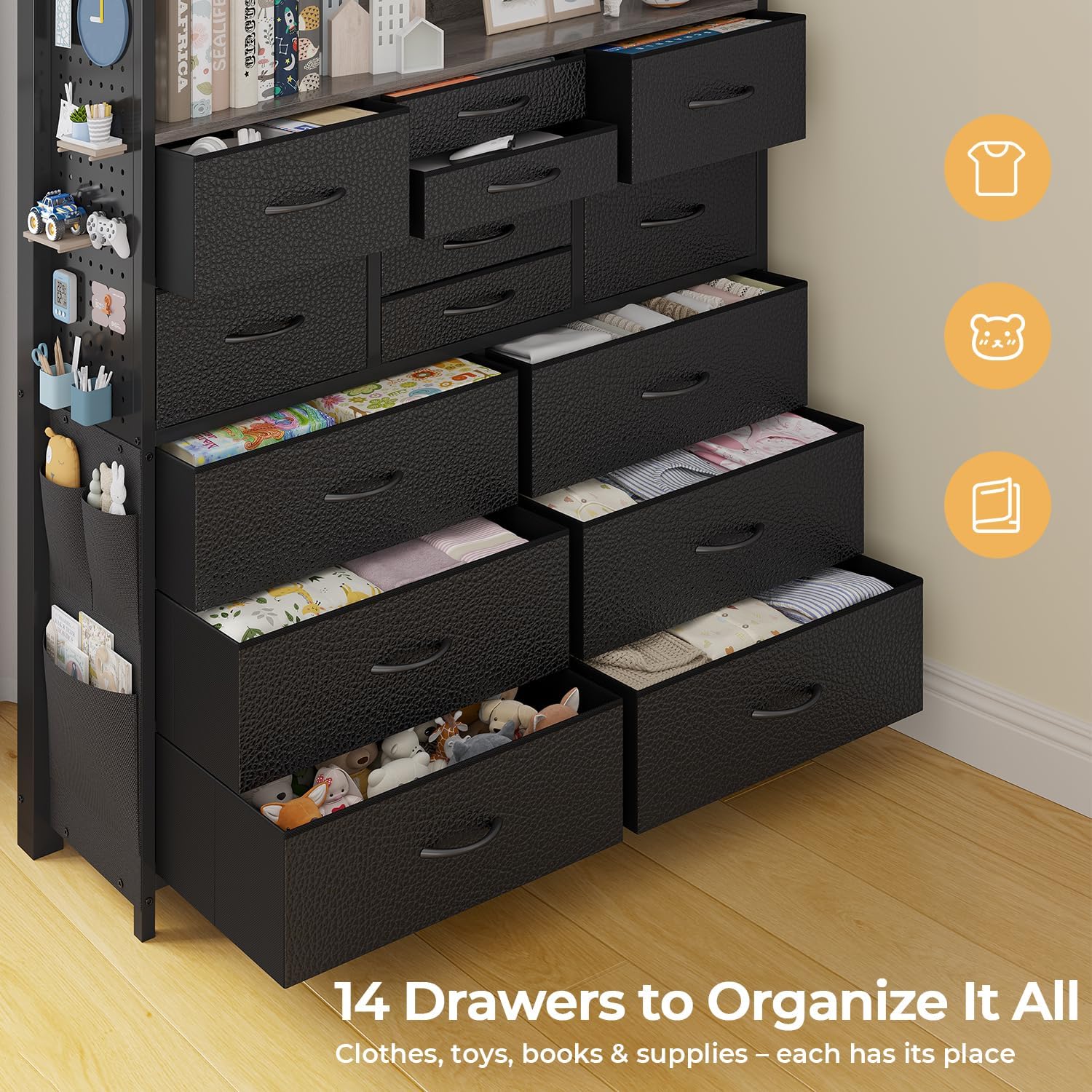 ADORNEVE Twin Loft Bed with Desk,14 Storage Drawers & Power Outlet, Kids Loft Bed Twin Size with LED Lights, Pegboard, Metal Loft Beds with Safety Guardrail & Ladder, Space Saving for Teens, Black