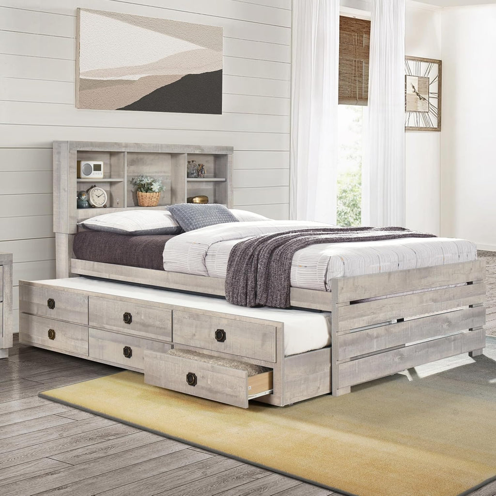 GOWE 2 Pieces Bedroom Sets Farmhouse Style Twin Size Bookcase Captain Bed and Nightstand, Rustic White