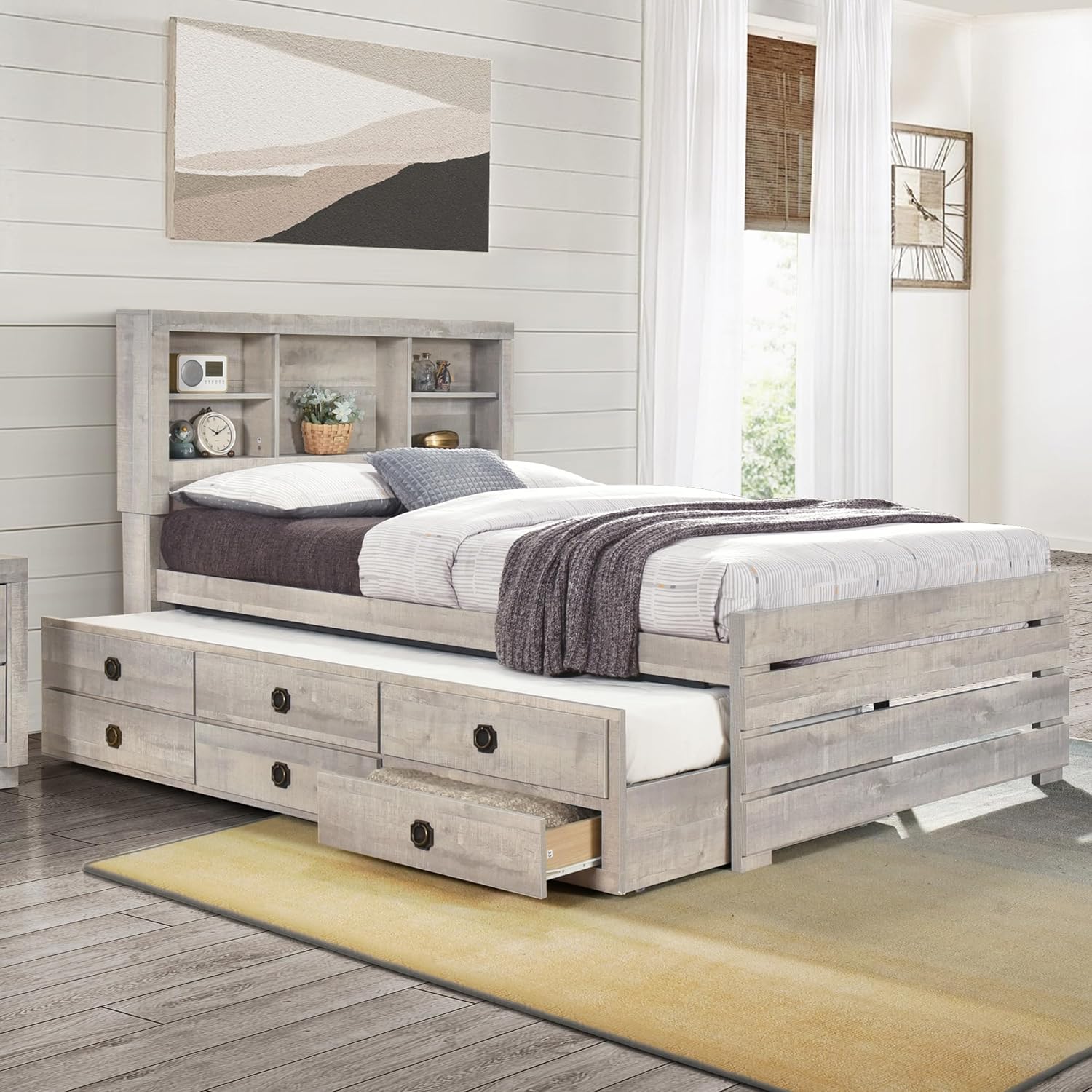 GOWE 2 Pieces Bedroom Sets Farmhouse Style Twin Size Bookcase Captain Bed and Nightstand, Rustic White