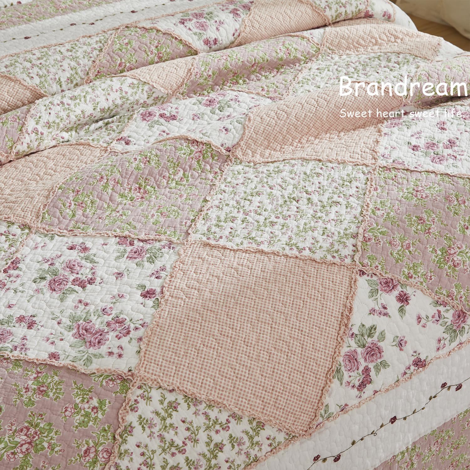 Brandream Queen Size Quilt Set Cotton Patchwork Quilts Blush Pink Cottage Floral Quilted Comforter Set 3-Piece