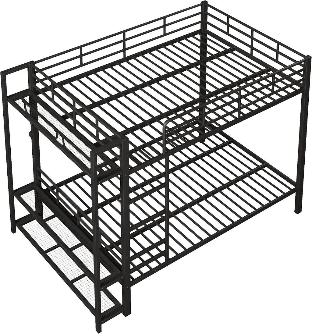 JIVOIT Metal Bunk Bed with Storage Mesh Shelves and Clothes Hooks, Open Storage Shelves, Queen Size Bunk Bed with Full-Length Reinforced Guardrails for Teens and Adults, No Box Spring Needed