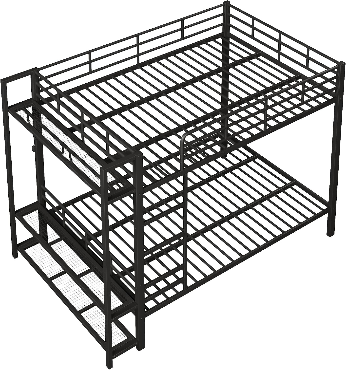 JIVOIT Metal Bunk Bed with Storage Mesh Shelves and Clothes Hooks, Open Storage Shelves, Queen Size Bunk Bed with Full-Length Reinforced Guardrails for Teens and Adults, No Box Spring Needed