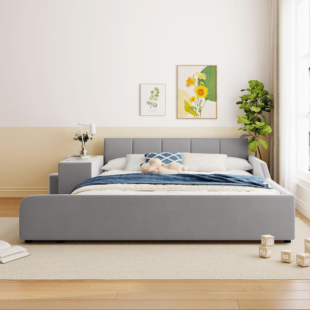 Queen Size Upholstered Bed Frame with Bedside Desk and Little Round Stool, Modern Comfortable Soft Bed with Sturdy Slats Support, Mother & Child Bed for Kids Adults (Gray, Queen)
