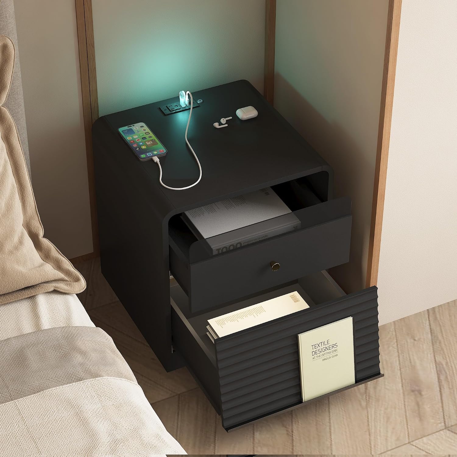 Smart Nightstand with Charging Station – Bedside Table with Voice-Controlled LED Night Light, 1 AC Outlet + 2 USB Ports, Ample Storage Cabinet for Bedroom(Black)