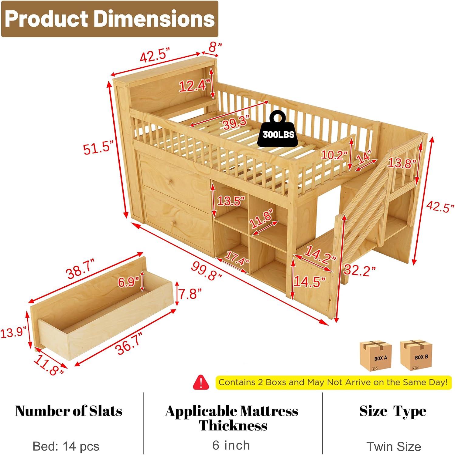 Low Loft Bed with LED Lights and Bookshelf, Wooden Kids Loft Bed with Stairs and Safety Guardrail, Low Loft Bed Twin with 2 Storage Drawers and Shelves for Girls Boys ,No Box Spring Needed, Natural