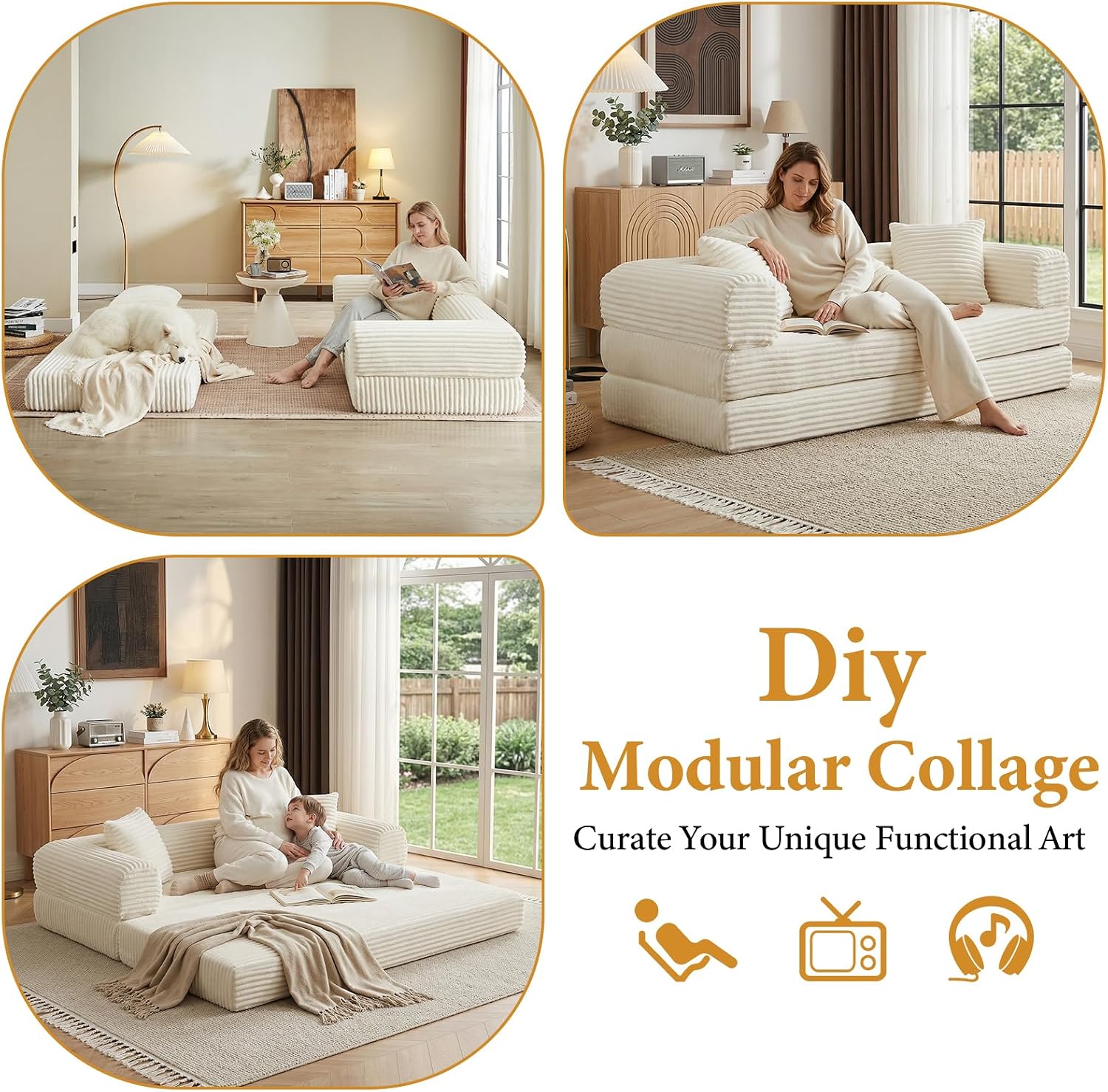 Convertible Folding Sofa Bed,Fold Out Floor Sofa Couch with Fixed-Shape Frame,Corduroy Foldable Mattress Cloud Couch for Living Room Bedroom (Off White, 78 Inch)