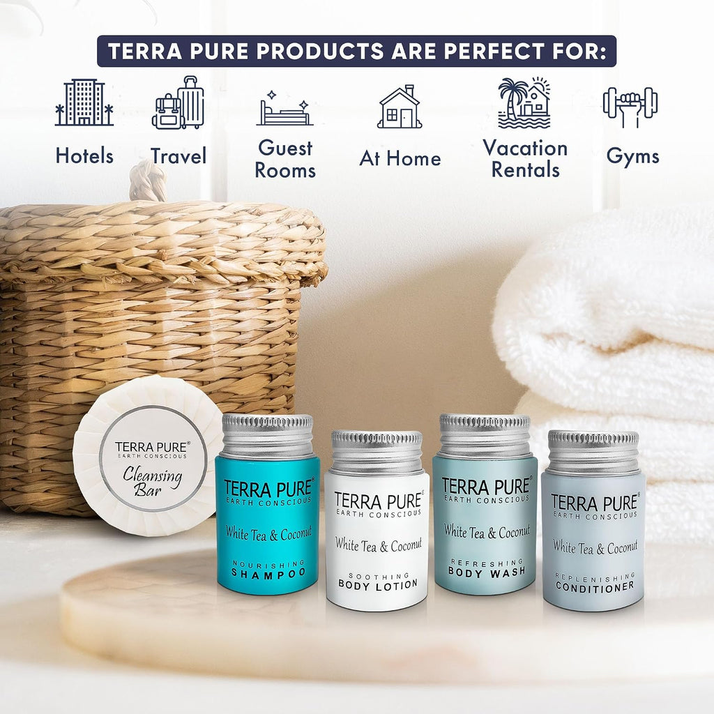 Terra Pure White Tea & Coconut Toiletries Set | 1-Shoppe Amenities Kit | 1oz Shampoo & Conditioner, Body Wash, Lotion, 1.25oz Bar Soap | Travel Size | 150 Pieces