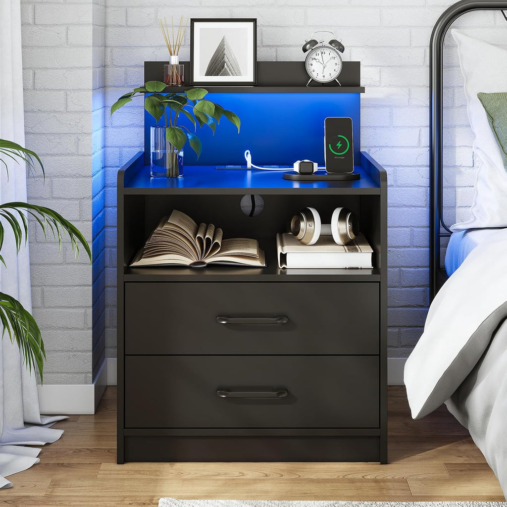 Nightstand Set of 2 with Charging Station and LED Lights, Bedside Table with 2 Drawers and Open Storage Shelf, 2 USB Ports and 2 AC Outlets, LED Night Stands for Bedroom Set of 2, Black