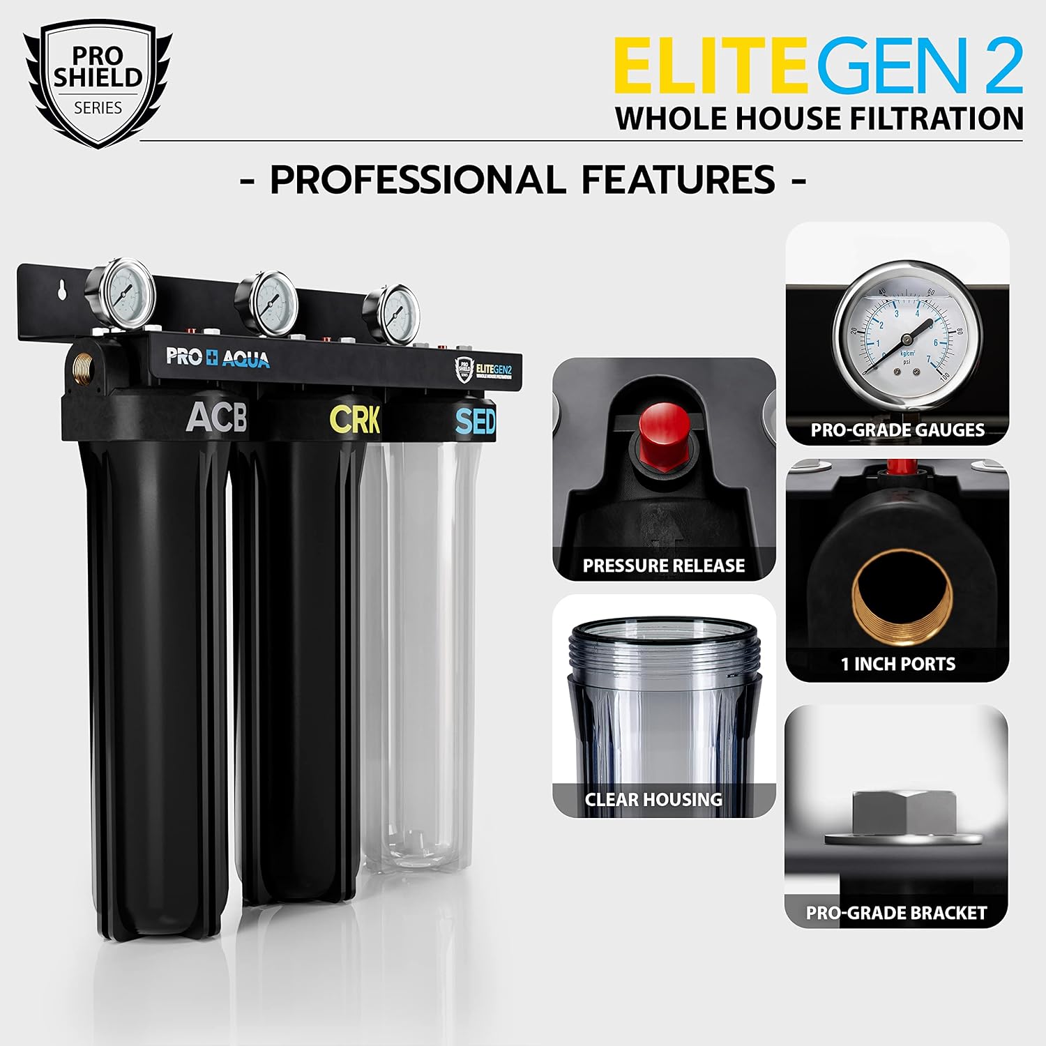 PRO+AQUA Elite Whole House Water Filter 3-Stage Well Water Filtration System with Gauges, PR Button 1 in. Ports Filter Set