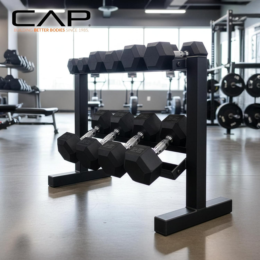 CAP 150 LB Dumbbell Set with 2-Tier Rack, Rubber Hex Free Weights Set, Home Gym Weight Set with Horizontal Storage Rack for Strength Training