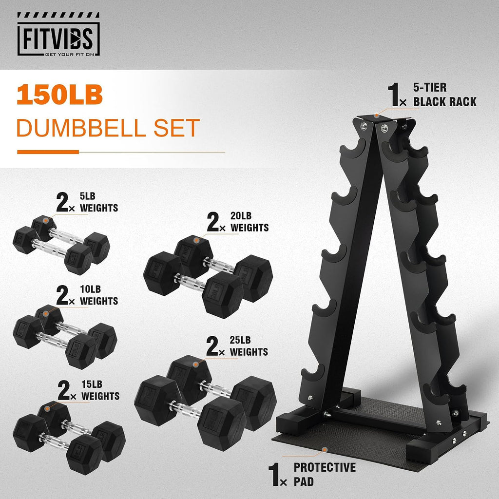 Fitvids Dumbbell Set with Rack, Rubber Coated Hex Dumbbell Weights in 150lbs, 5, 10, 15, 20, 25lbs Pair, Black