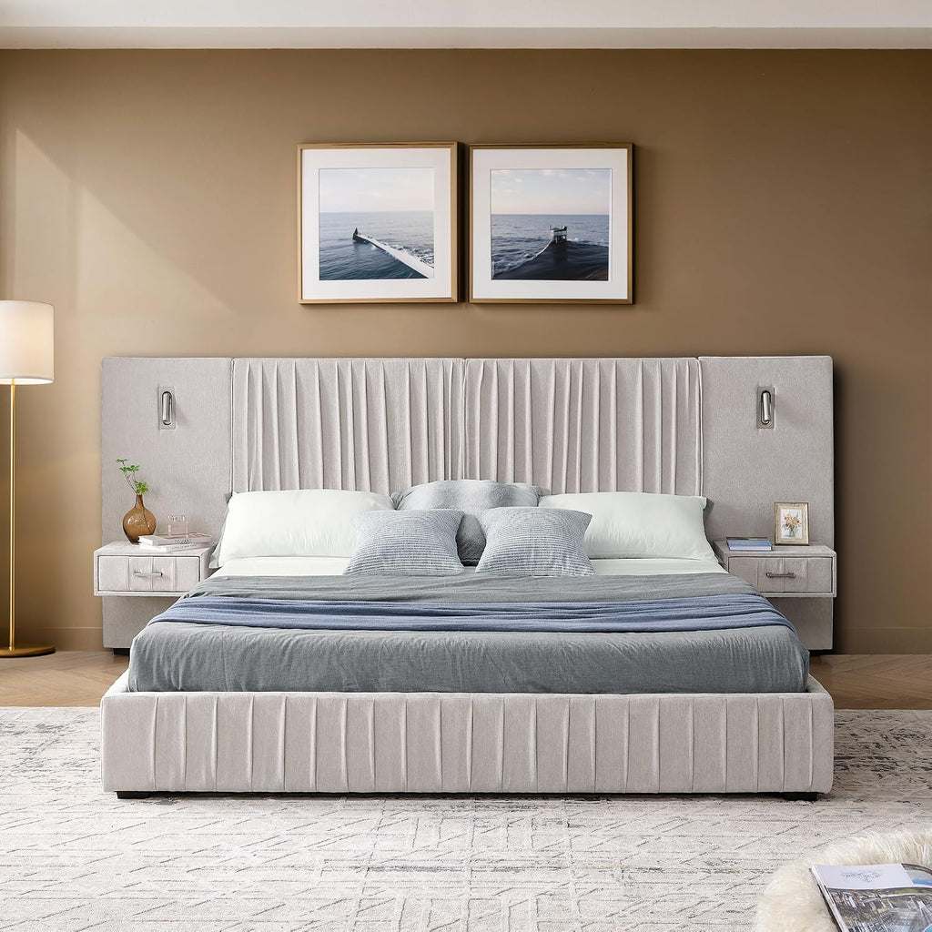 Merax Chenille Upholstered Queen Size Bed Frame with Wide Headboard and 2 Small Nightstands, Low Platform Bed Frame with Small Reading Lamp and Pleating Design for Adults, No Box Spring Needed, Beige