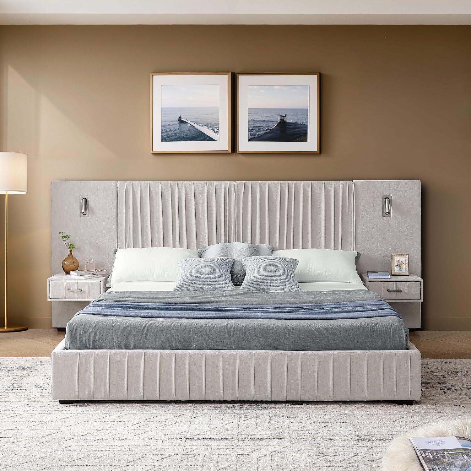 Merax Chenille Upholstered Queen Size Bed Frame with Wide Headboard and 2 Small Nightstands, Low Platform Bed Frame with Small Reading Lamp and Pleating Design for Adults, No Box Spring Needed, Beige