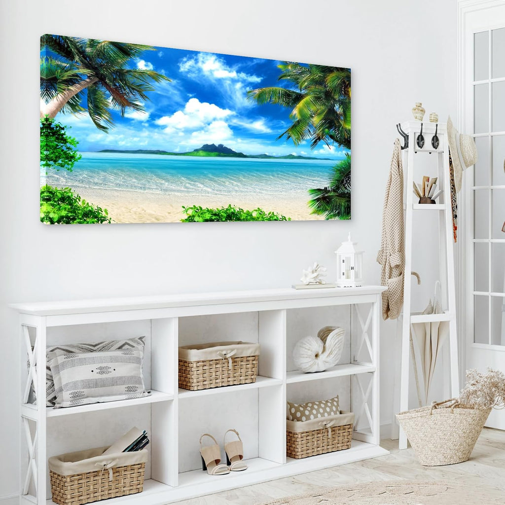 DZL Art S72798 Canvas Wall Art Ocean Waves Coconut Trees on Sands Beach Seascape Scenery Painting Nature Picture for Bedroom Home Office Wall Decor
