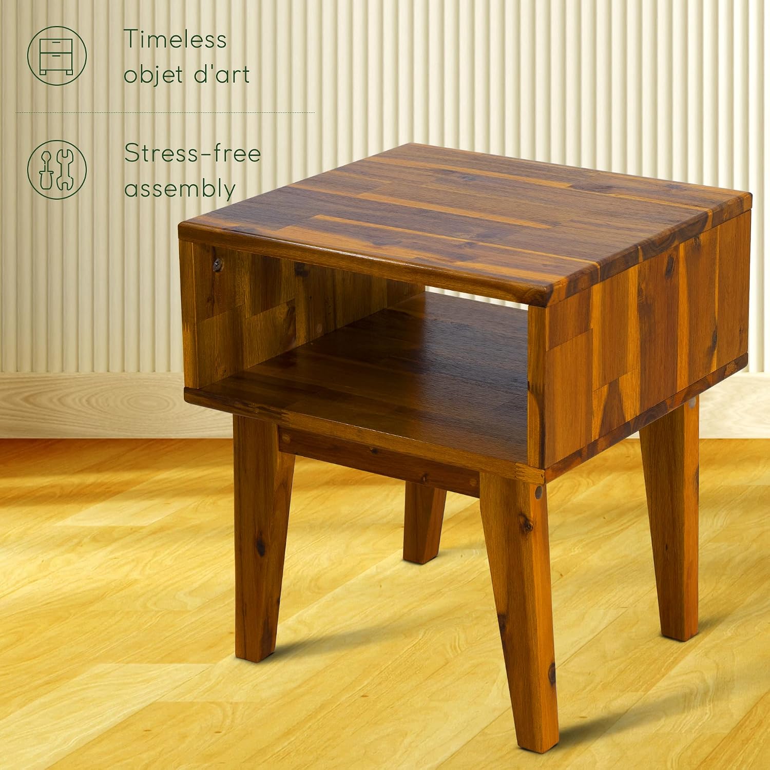 Acacia Emery Bed Frame with Serena Nightstand Set – Solid Wood Bedroom Set, Modern Minimalist Design, Ton-Sur-Ton, Queen Size Bed, Caramel
