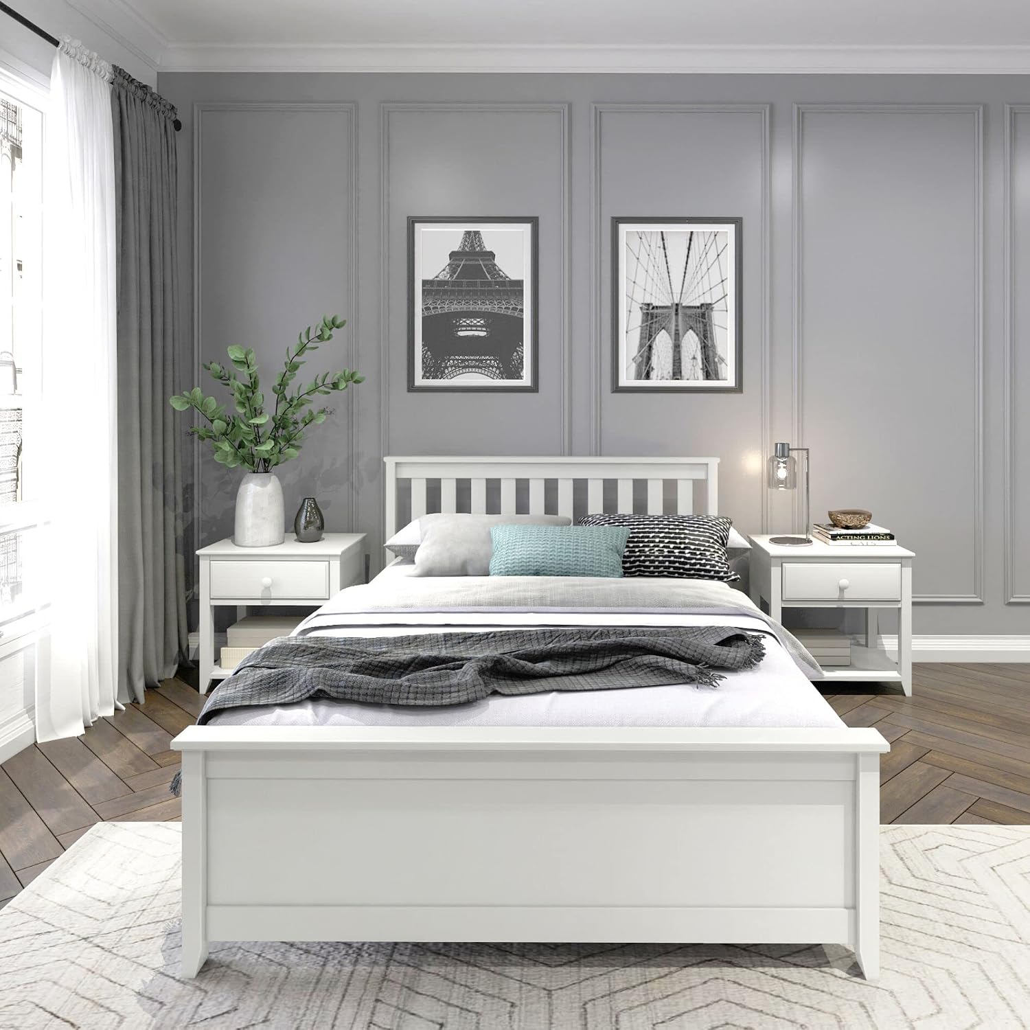 Plank+Beam Solid Wood Full Bed Frame, Platform Bed with Headboard, White