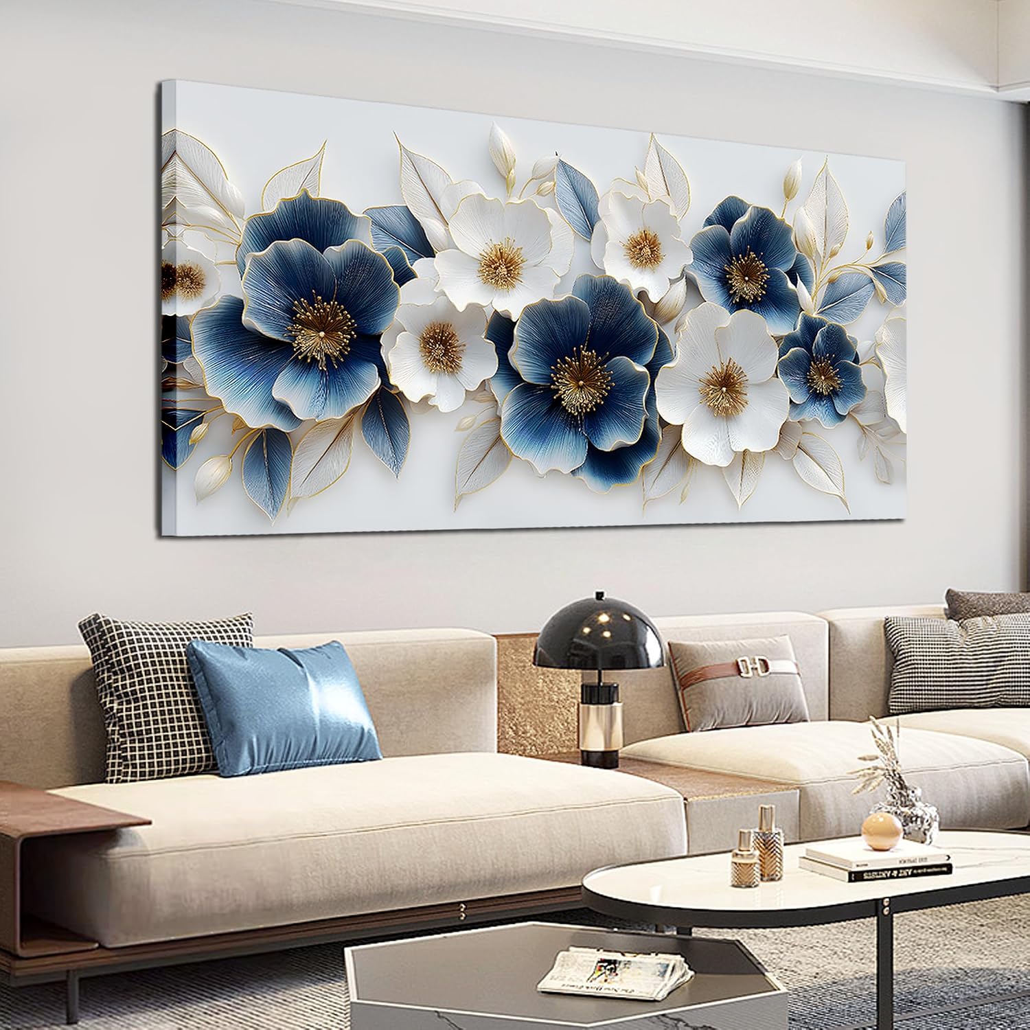 Large Canvas Wall Art for Living Room Blue and White Floral Print Painting wall Decor for Bedroom Office Modern Home Botanical Framed Wall Decorations Artwork Size 30x60 Ready to Hang