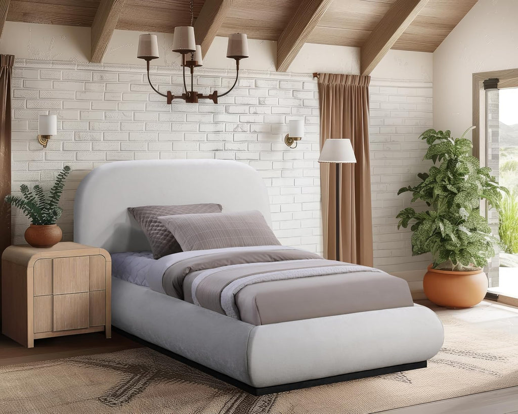 Meridian Furniture B1211Cream-T Vaughn Collection Modern | Contemporary Twin Bed with Soft Cream Chenille Fabric, Natural Finish Solid Wood Base, 52.75' W x 87.75' D x 44.5' H, Cream, Twin