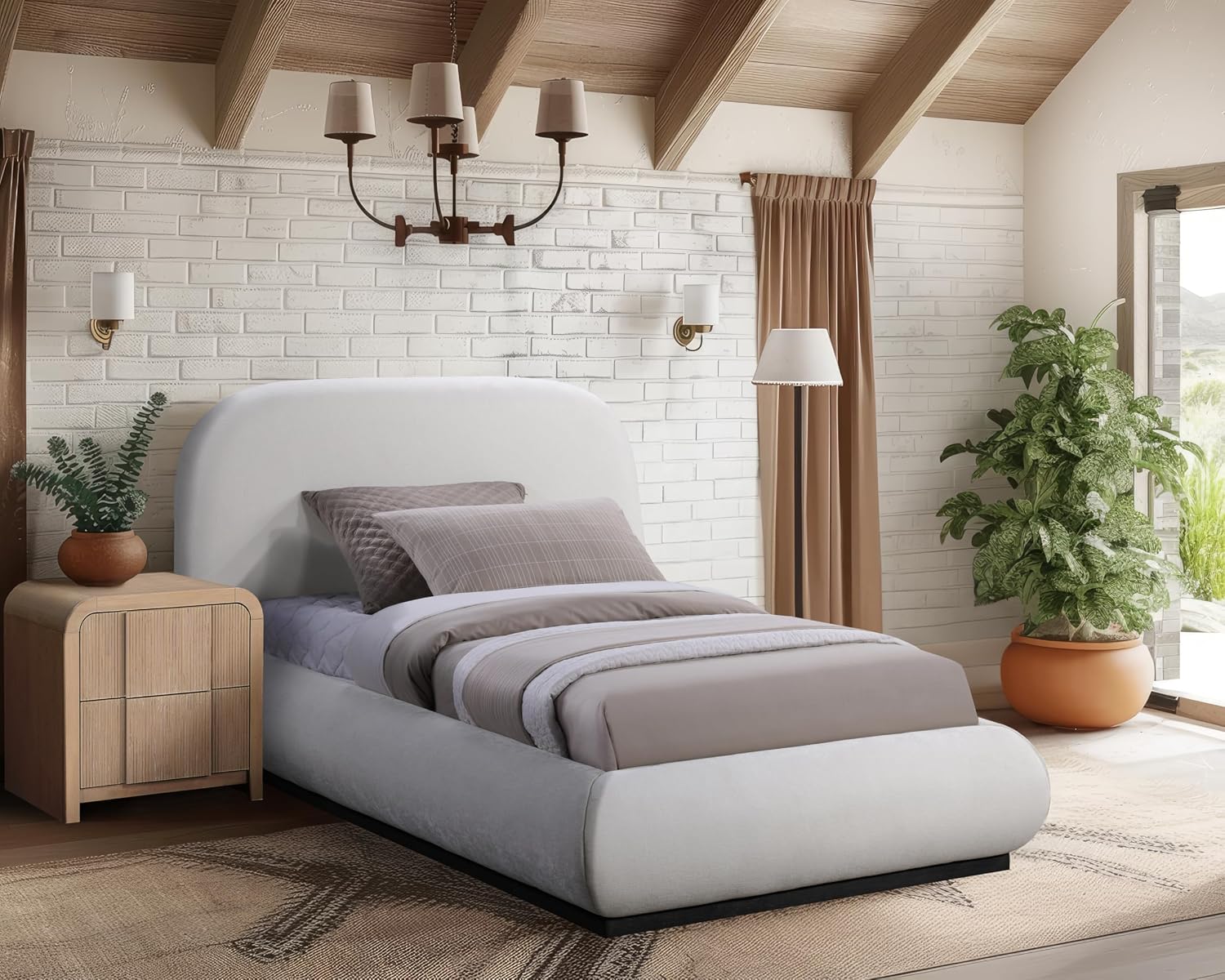 Meridian Furniture B1211Cream-T Vaughn Collection Modern | Contemporary Twin Bed with Soft Cream Chenille Fabric, Natural Finish Solid Wood Base, 52.75' W x 87.75' D x 44.5' H, Cream, Twin