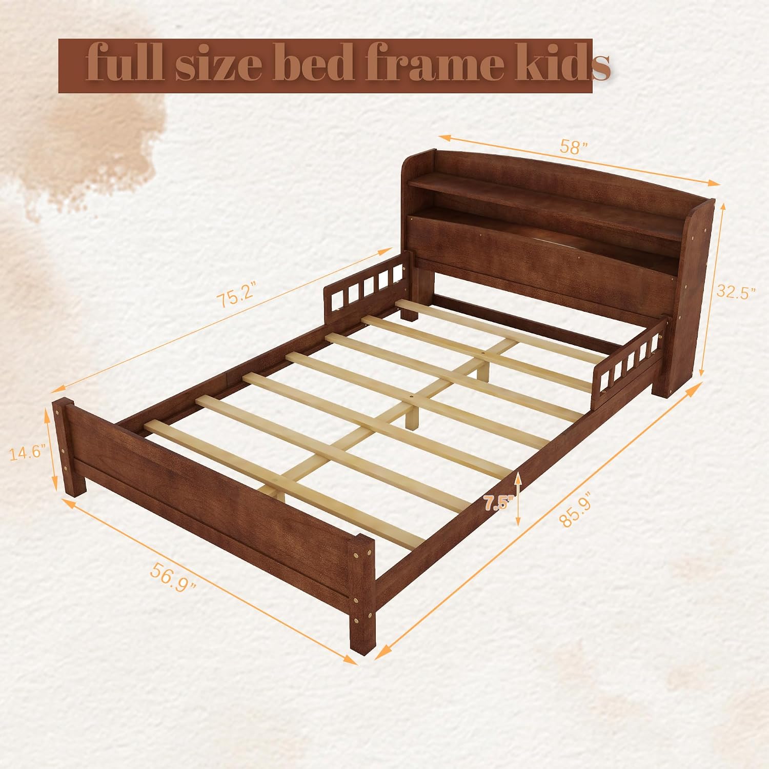 Full Size Bed Frame Kids with LED Motion Sensor Light & Guardrails, Full Size Kids Bed with Storage Bookcase, No Box Spring Needed, Easy Assembly, Walnut