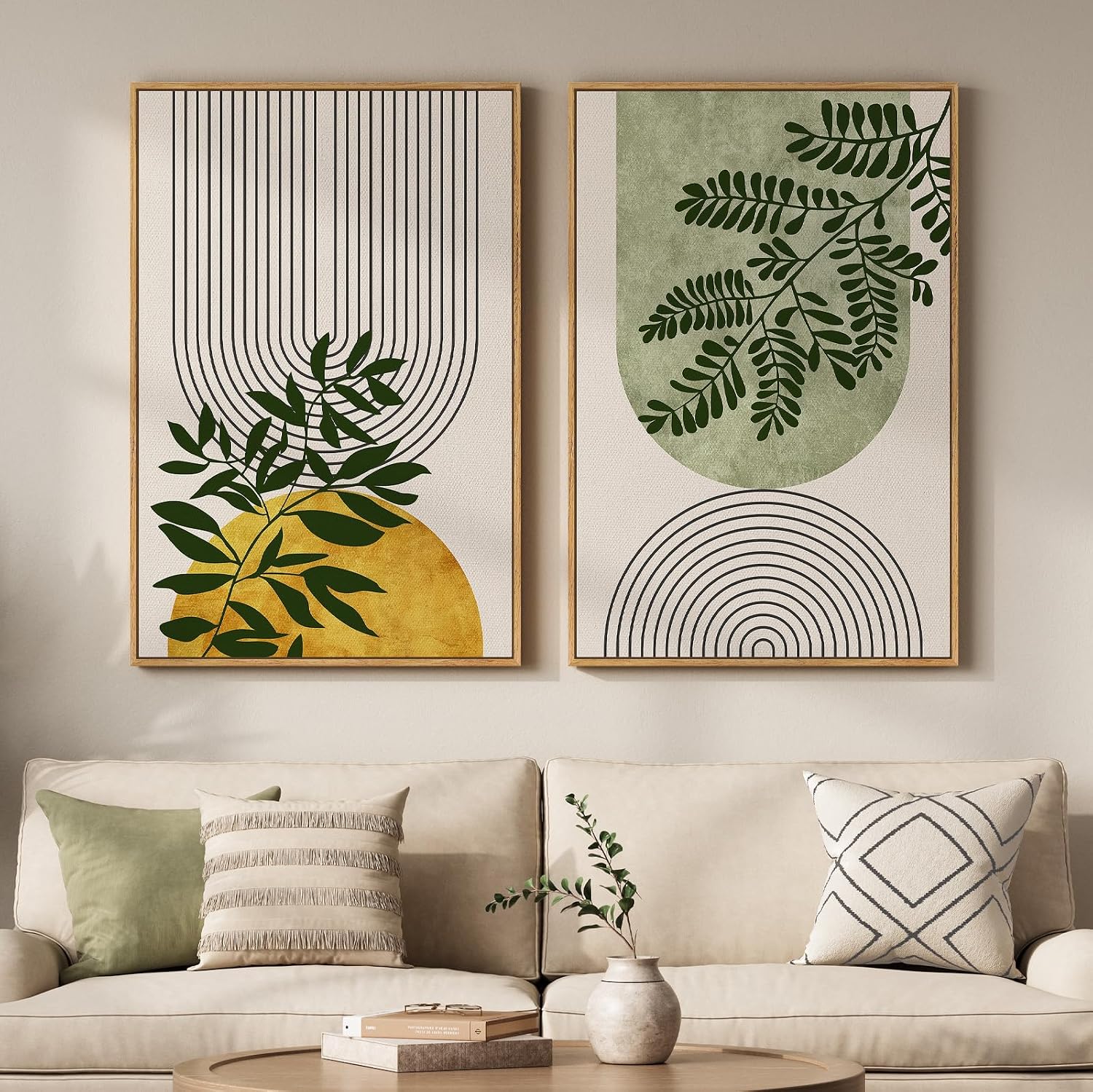 Large Framed Green Boho Wall Art Set of 2 for Living Room, Mid Century Modern Bohemian Botanical Geometric Artwork for Walls, Neutral Canvas Painting Print Wall Decor for Bedroom Home Office, 24x36 In