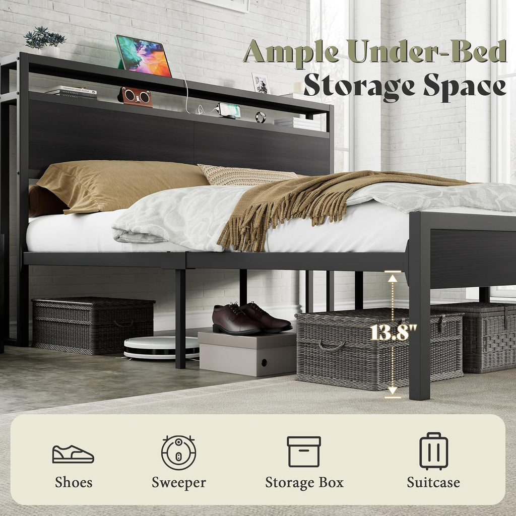 AMERLIFE Queen Size Bed Frame with Storage Headboard & Charging Station, Industrial Metal Platform Bed with Large Under-Bed Storage, Heavy Duty Slats, No Box Spring Needed, Black