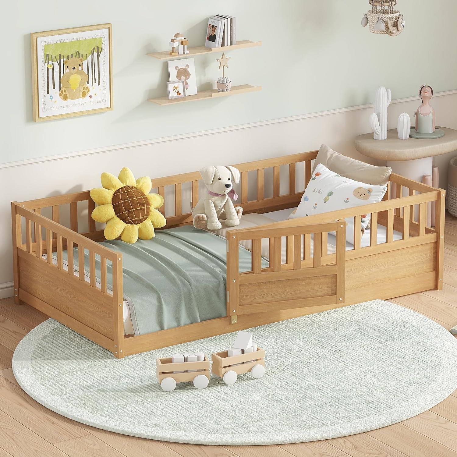 Bellemave Twin Size Floor Bed with Fence and Door, Montessori Floor Bed with Slats, Twin Size Montessori Beds for Kids, Girls, Boys, Natural