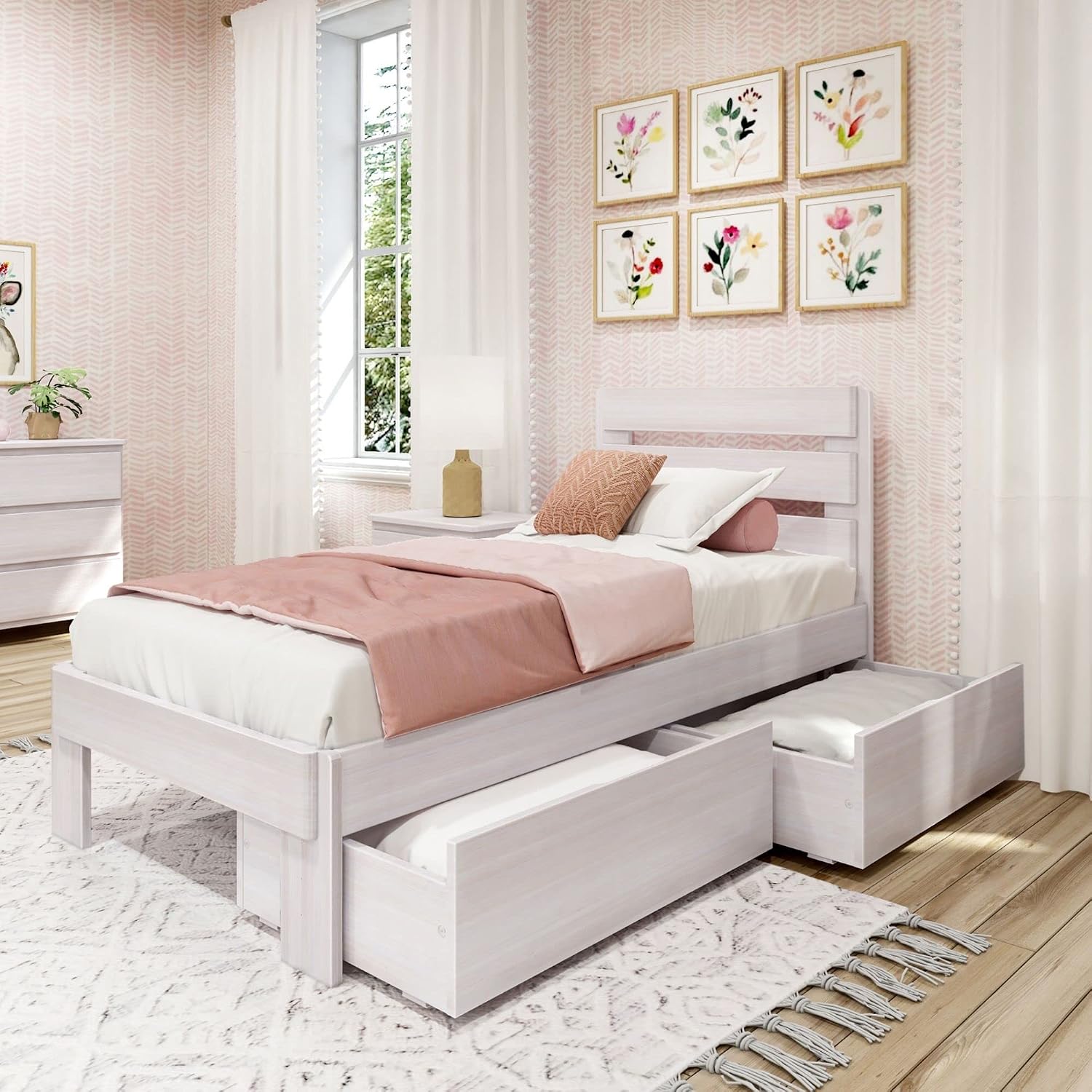 Max & Lily Modern Farmhouse Bed with Plank Headboard and Storage Drawers, Twin, White Wash