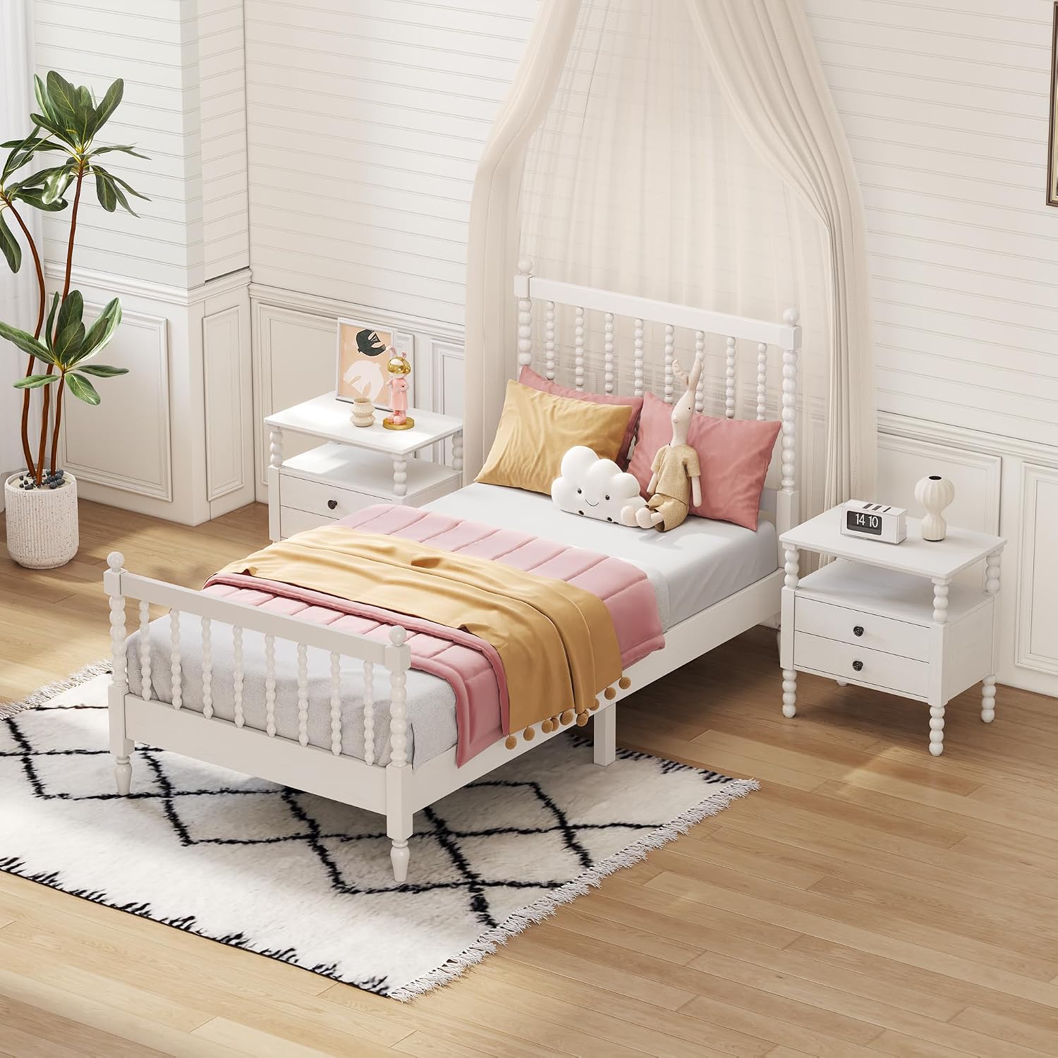 Generic 3 s Bedroom Sets Twin Size Wood Platform Bed with Gourd Shaped Headboard and Footboard with 2 Nightstands,White