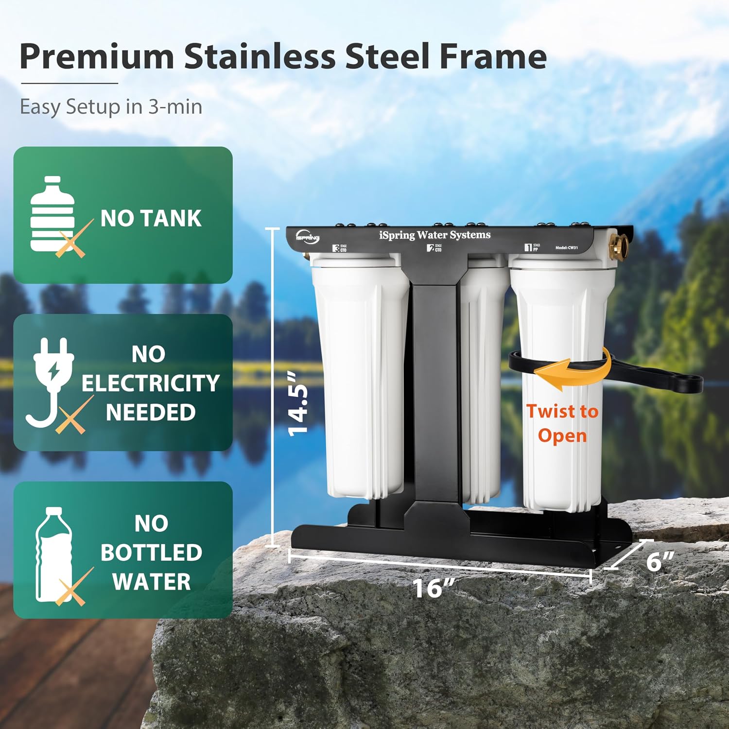 iSpring 3-Stage RV Water Filter System, Removes Over 99% PFAS, Bacteria and Viruses, Reduces Chlorine, Lead, Odor, and Sediment, Leak-Free Brass Fittings, External Mounting Bracket, Model: CW31-PFBV
