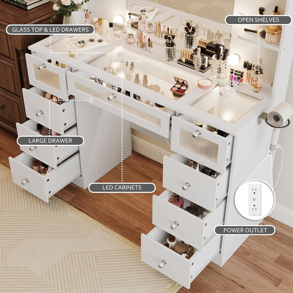 White Vanity with Lighted 23.5' Mirror, Glass Top Vanity Desk with 9 Drawers & 3 Color Hollywood Bulbs & 4 Shelves & Acrylic & Power Outlet, Makeup Desk Dressing Table for Bedroom
