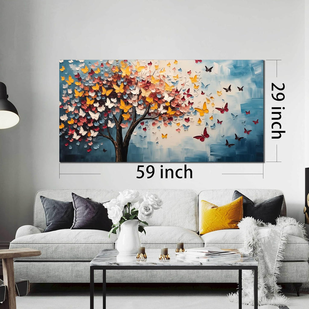 Butterfly Tree Canvas Wall Art for Living Room Bedroom Home Office Blue Colorful Tree of Life Wall Art Modern Large Framed Canvas Prints Size 29x59