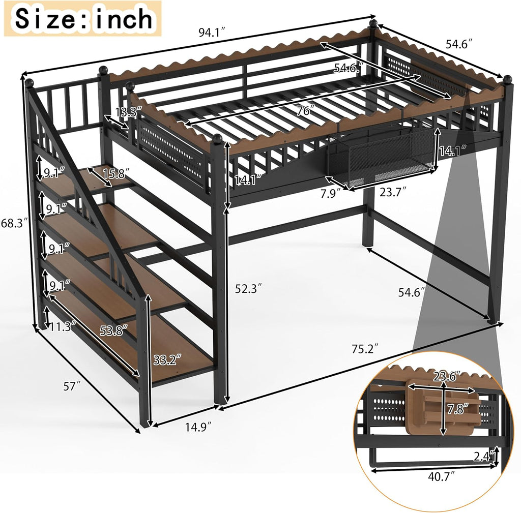 JIVOIT Full Size Metal Loft Bed Frame, Space-Saving Loft Bed with Storage Stairs, Storage Shelves and Bookshelf, Strong Support Slats, Perfect for Bedroom, Guest, Dorms