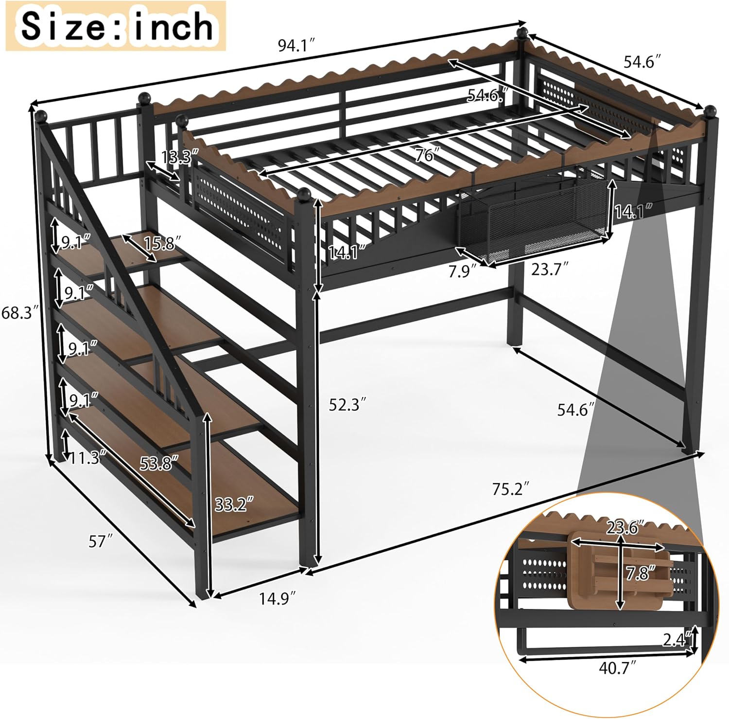 JIVOIT Full Size Metal Loft Bed Frame, Space-Saving Loft Bed with Storage Stairs, Storage Shelves and Bookshelf, Strong Support Slats, Perfect for Bedroom, Guest, Dorms