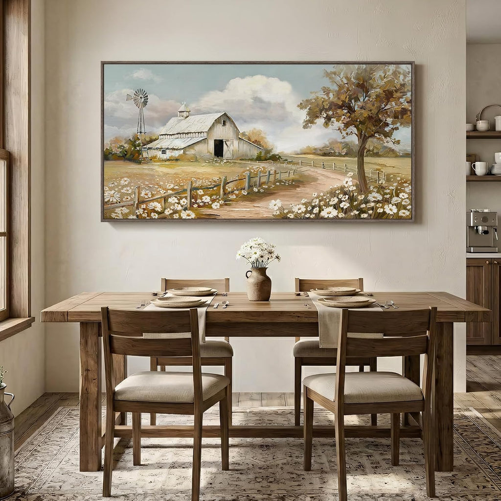 Large Framed Farmhouse Wall Art for Living Room, Vintage Rustic White Barn Canvas Prints, Country Floral Landscape Wall Decor for Bedroom Dining Room Hallway 30x60 Inch