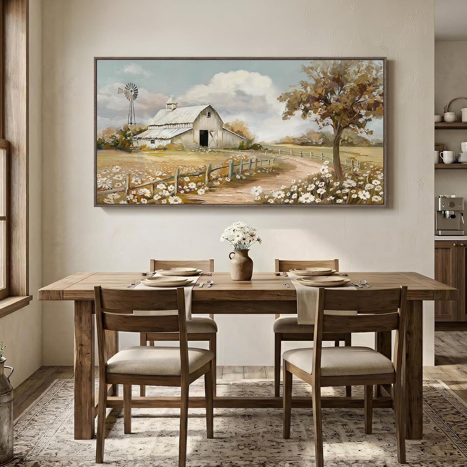 Large Framed Farmhouse Wall Art for Living Room, Vintage Rustic White Barn Canvas Prints, Country Floral Landscape Wall Decor for Bedroom Dining Room Hallway 30x60 Inch