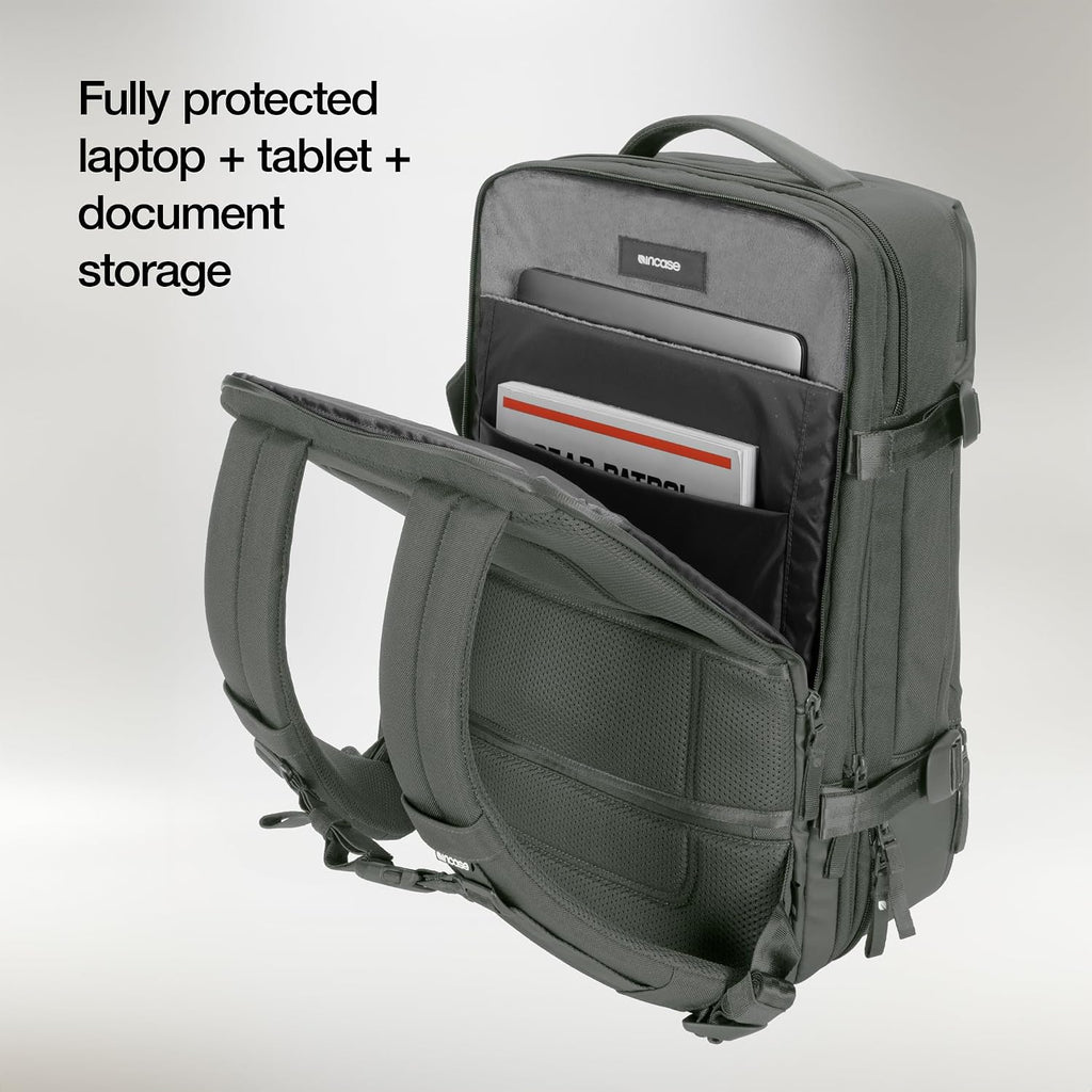 Incase A.R.C. Travel Backpack 38L – Expandable Carry On Luggage, Fits up to 17' Laptop – Butterfly Opening, Quick Access Pocket, Shoe Storage – Airplane Travel Essentials, Weekend Bag – Smoked Ivy