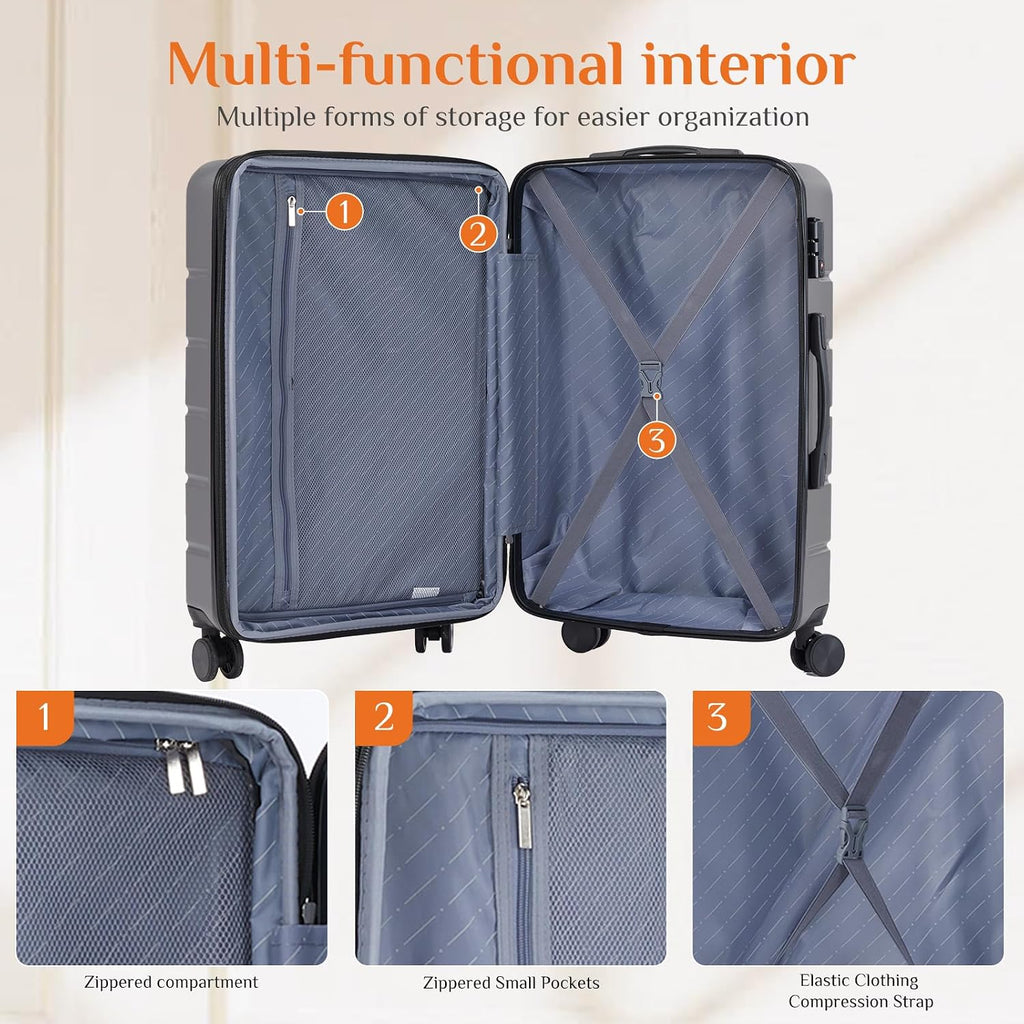 Sweetcrispy 3 Piece Luggage Set, ABS Hard Shell Carry On Suitcase with Smooth Spinner Wheels and TSA Lock, Lightweight Rolling Travel Luggage 20/24/28 Inch for Travel Business Vacation, Dark Grey
