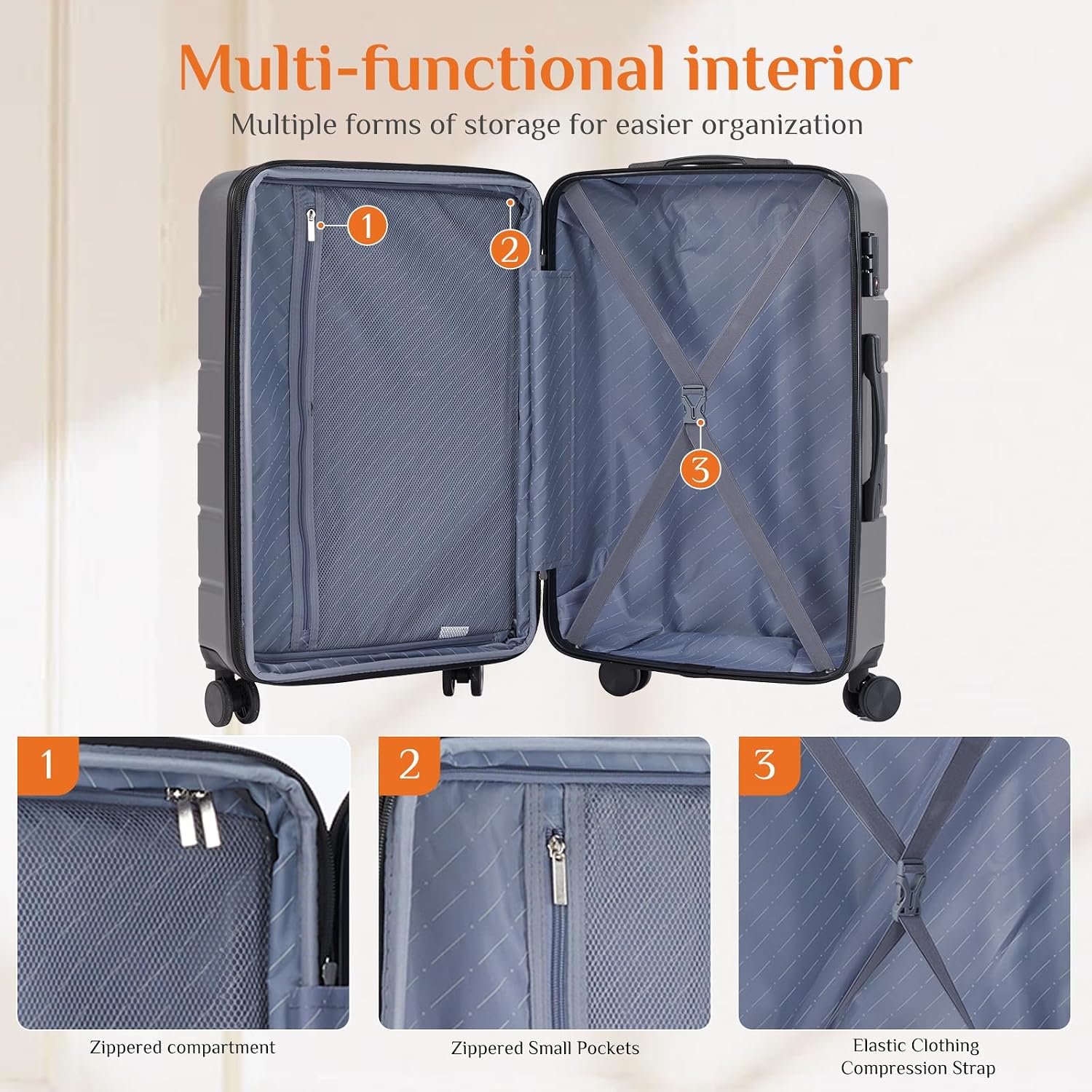 Sweetcrispy 3 Piece Luggage Set, ABS Hard Shell Carry On Suitcase with Smooth Spinner Wheels and TSA Lock, Lightweight Rolling Travel Luggage 20/24/28 Inch for Travel Business Vacation, Dark Grey