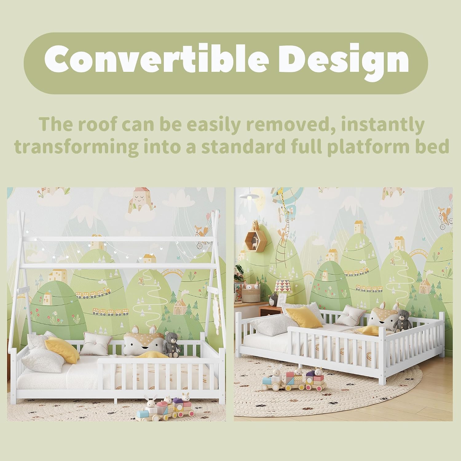 Full Montessori Kids Floor Bed with Rails and LED Light, Low Full Beds Frame with Fence and Removable Roof, Wood Montessori Floor Bed Frame for Kids, Girls, Boys, White
