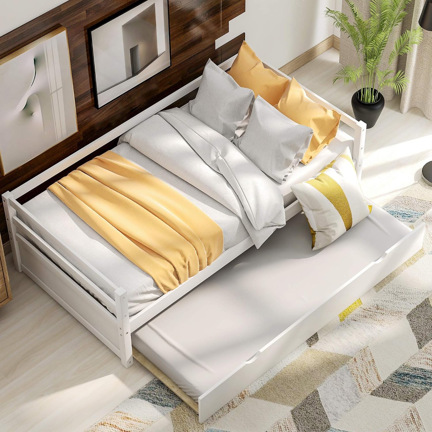 Kids Guests Twin Size Solid Wood Captains Daybed with Pull Out Trundle Frame Set for Bedroom (White-B)