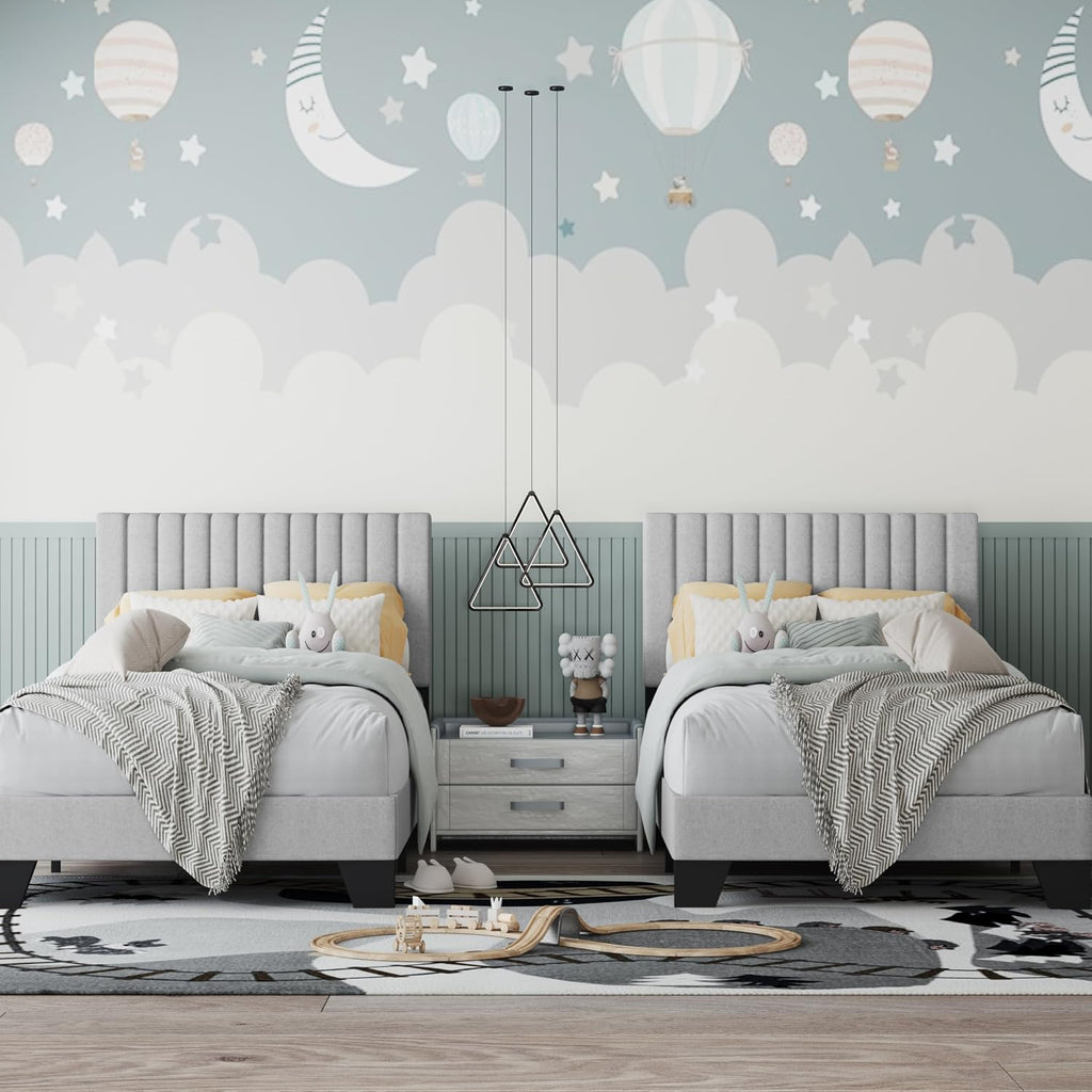 Twin Bed Frame, Fabric Upholstered Platform Bed Frame with Adjustable Headboard, Vertical Quilted Design, Sturdy Slatted Mattress Base, Easy to Assemble, Light Gray