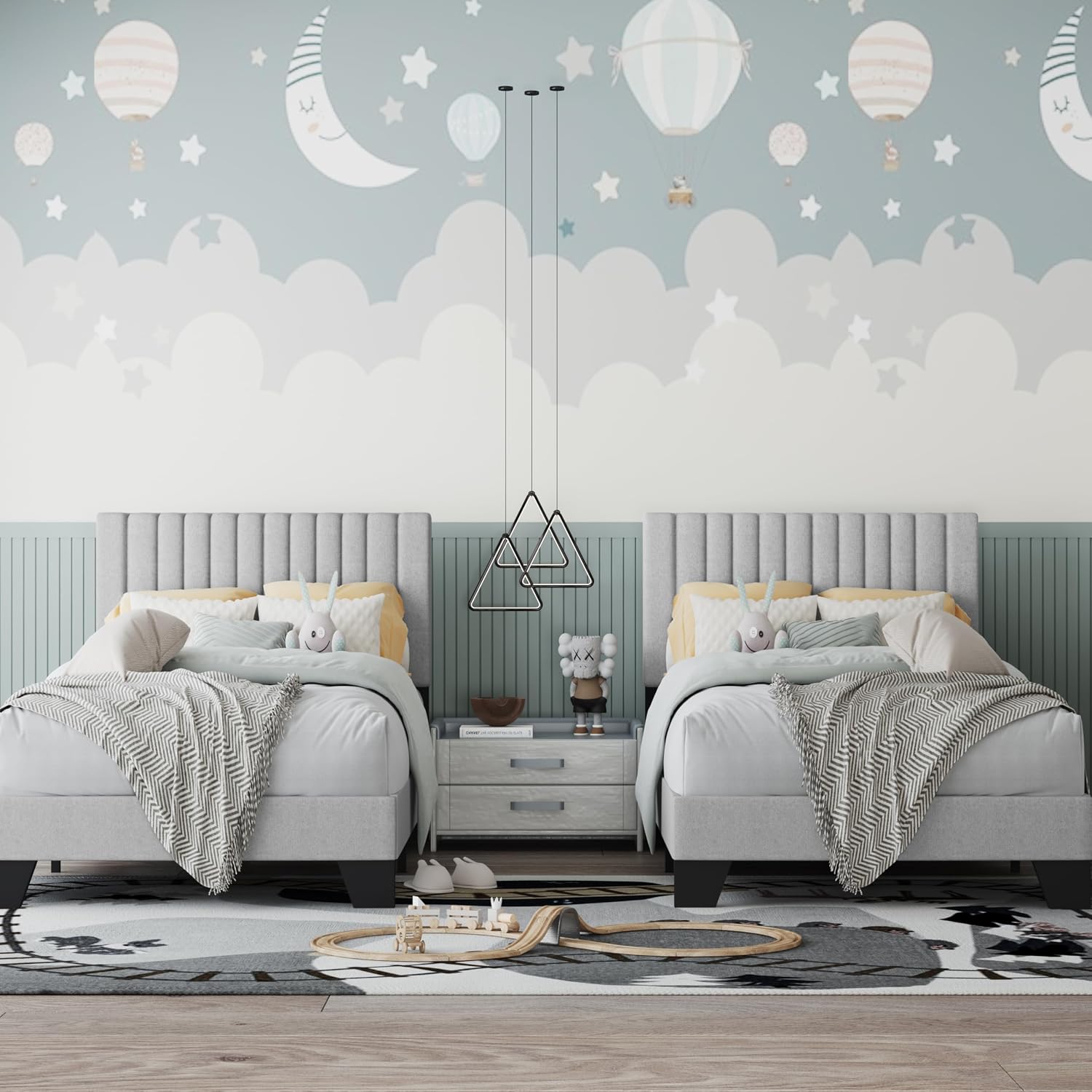 Twin Bed Frame, Fabric Upholstered Platform Bed Frame with Adjustable Headboard, Vertical Quilted Design, Sturdy Slatted Mattress Base, Easy to Assemble, Light Gray