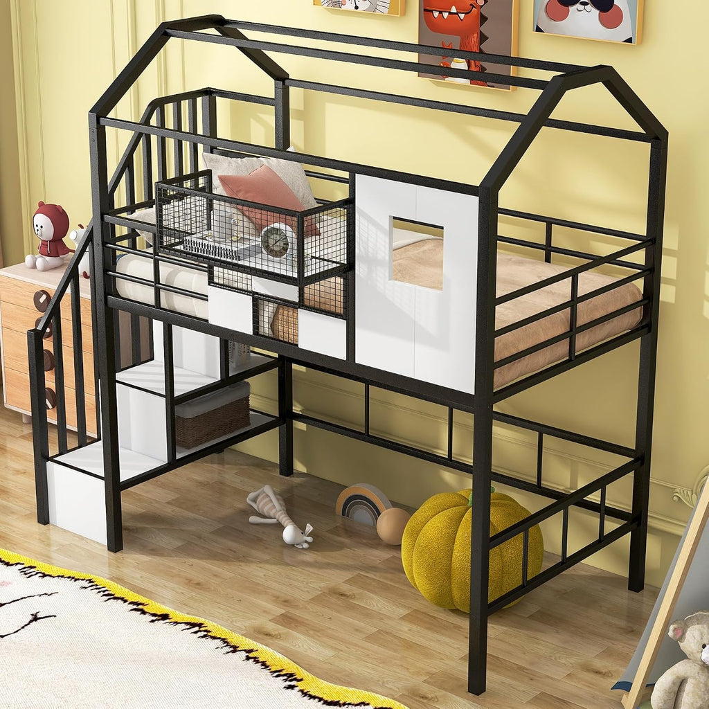 GOWE Metal Loft Bed with roof Design and a Storage Box, Twin, Black