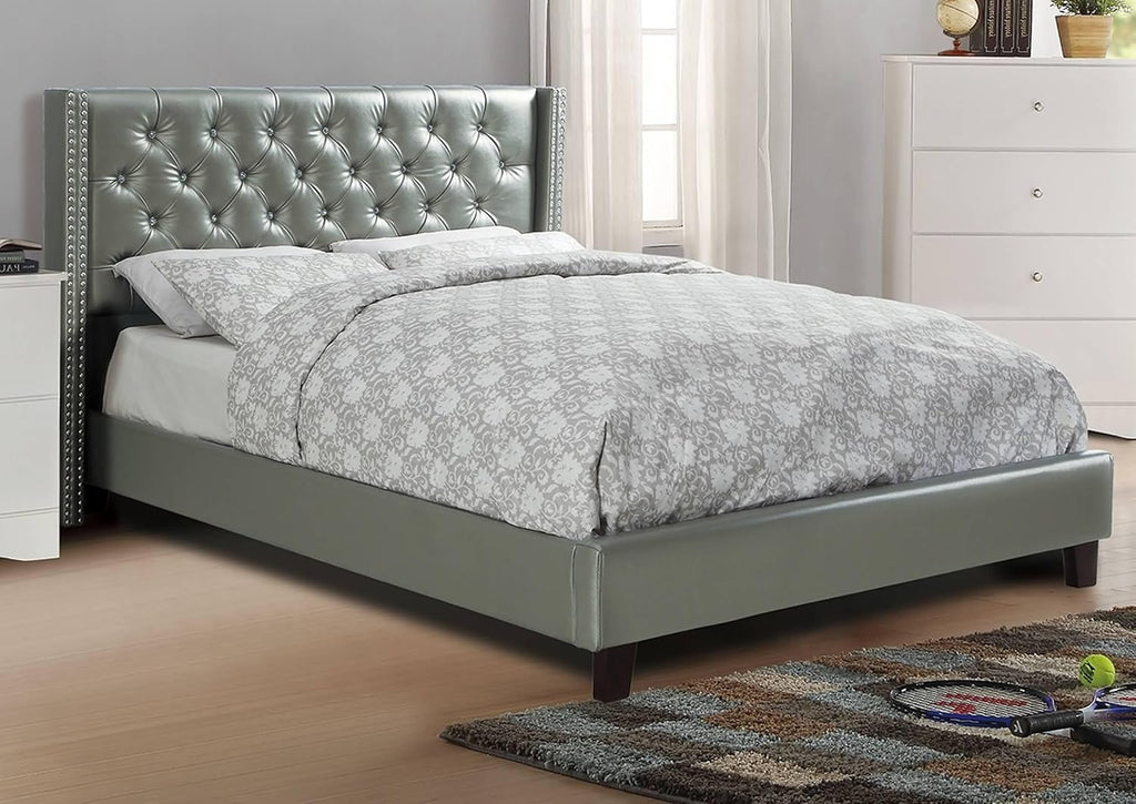 Full Bed Frame No Box Spring Needed | Full Size Bed 1Pc Bed Set Silver Faux Leather Upholstered Tufted Bed Frame Headboard Bedroom Furniture