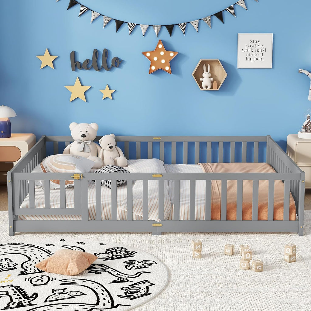 Queen Size Floor Bed, Wooden Montessori Bed Frame with Door, Montessori Floor Queen Bed with Rails for Boys and Girls, No Box Spring Needed, Grey