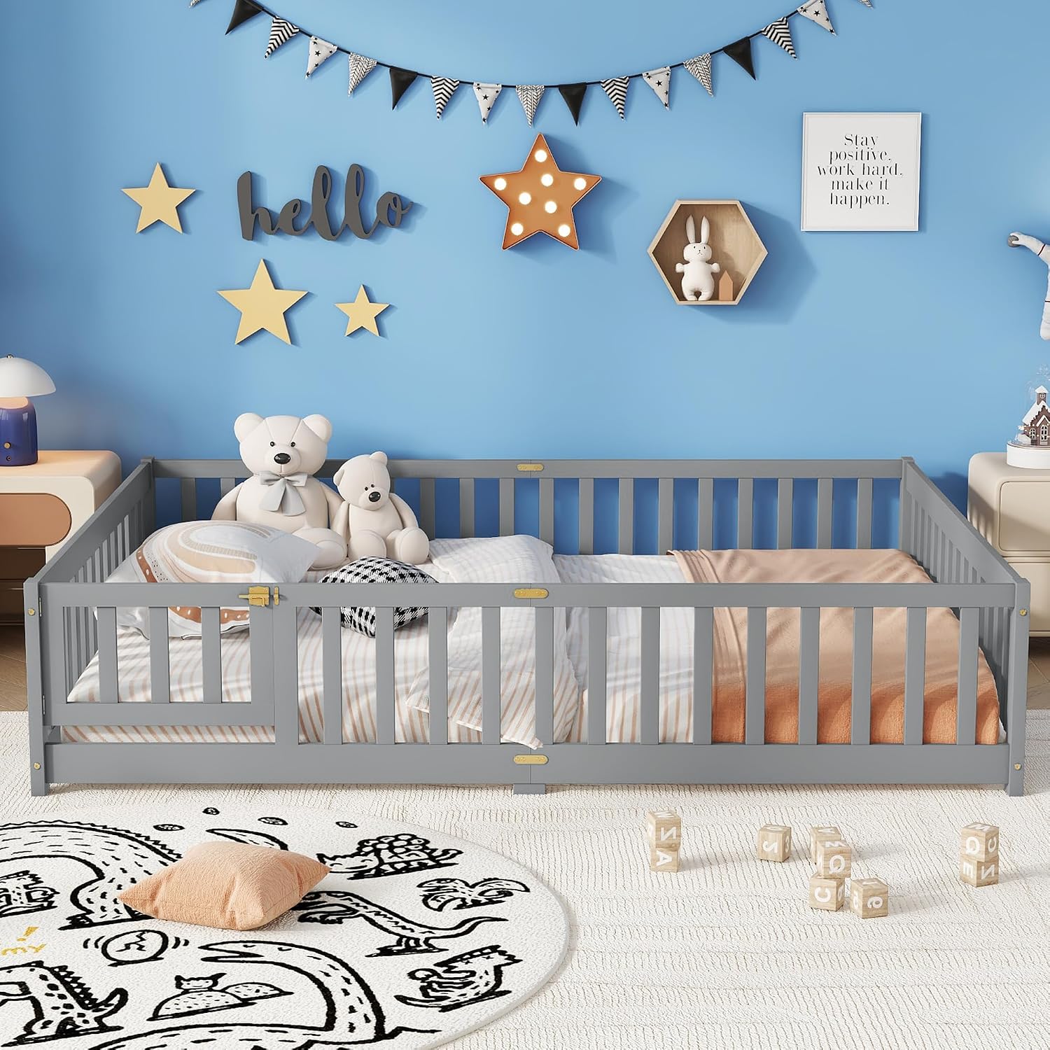 Queen Size Floor Bed, Wooden Montessori Bed Frame with Door, Montessori Floor Queen Bed with Rails for Boys and Girls, No Box Spring Needed, Grey